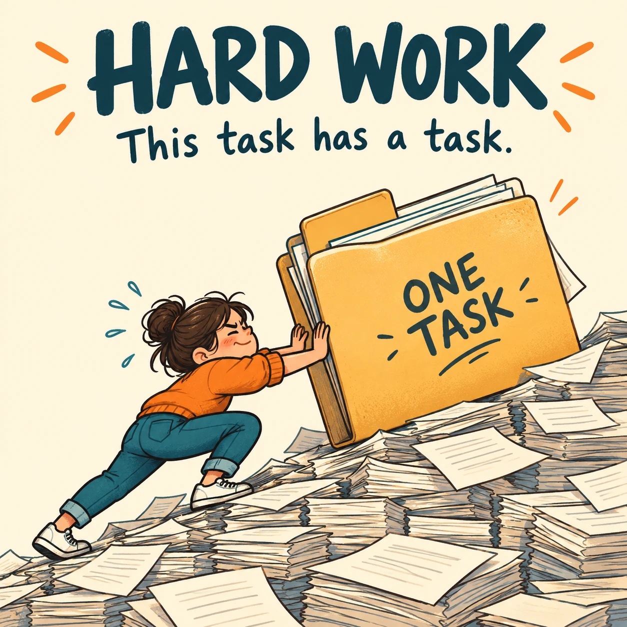 Illustrated worker pushes a huge folder labeled one task up a hill of paperwork; meme reads, this task has a task.