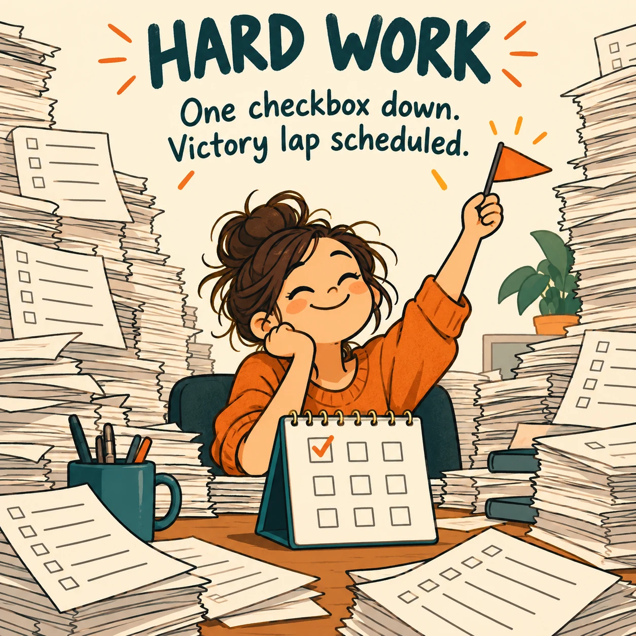 Illustrated worker celebrates one checked box amid tall task lists; meme reads, one checkbox down, victory lap scheduled.