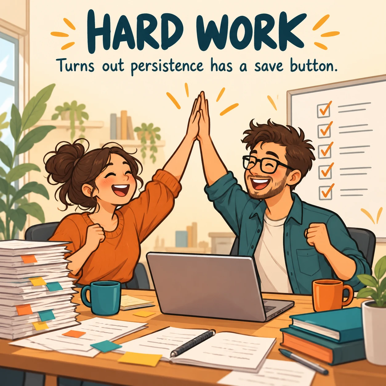 Illustrated coworkers high-five beside a completed checklist; meme says persistence has a save button.