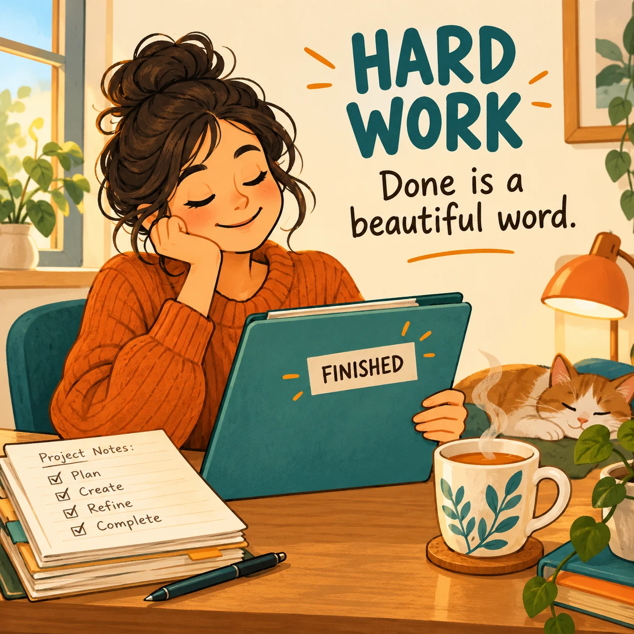 Illustrated worker rests with tea beside a finished project folder; meme reads, done is a beautiful word.