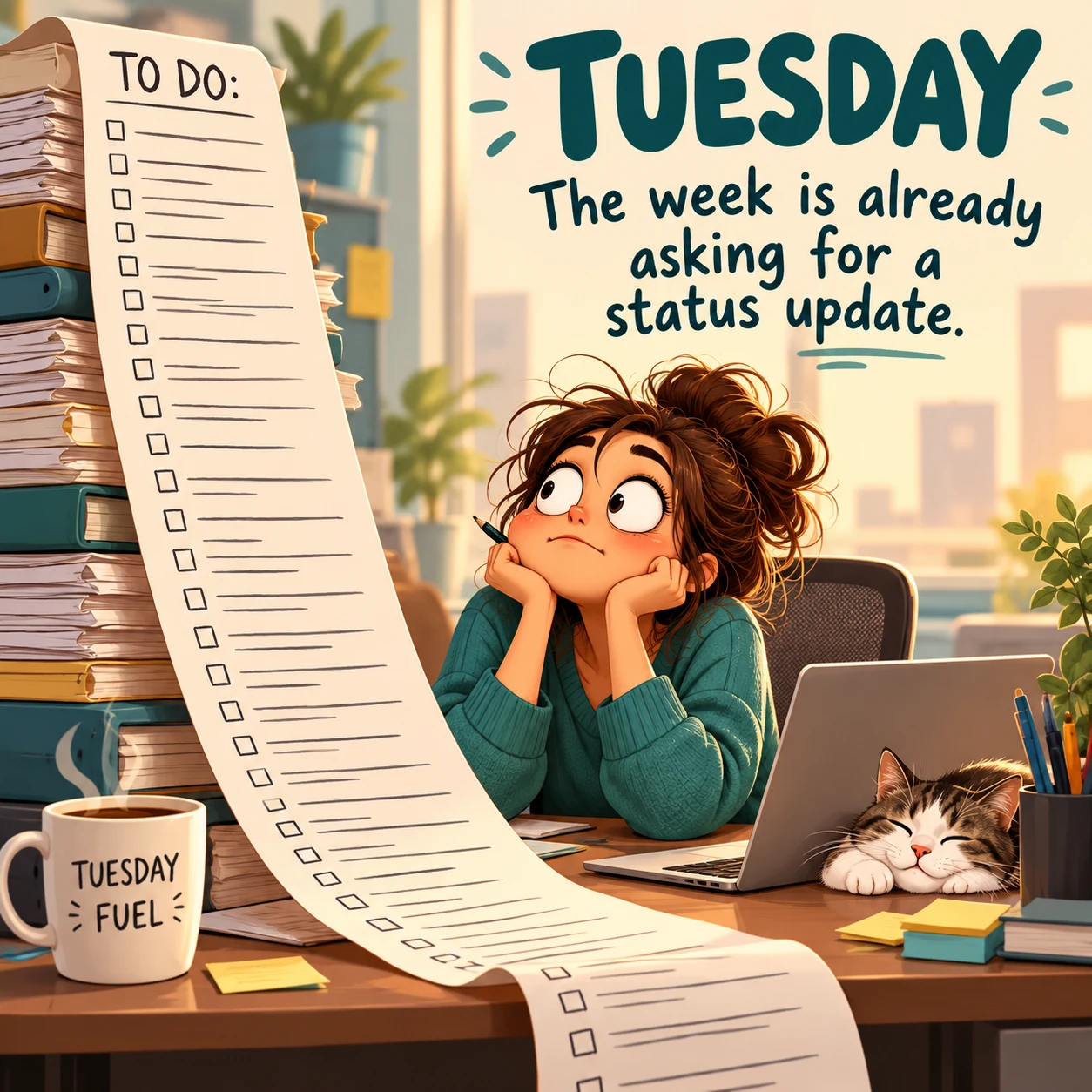 Illustrated worker facing an extra-long task list beside a Tuesday heading; meme says the week is already asking for a status update.