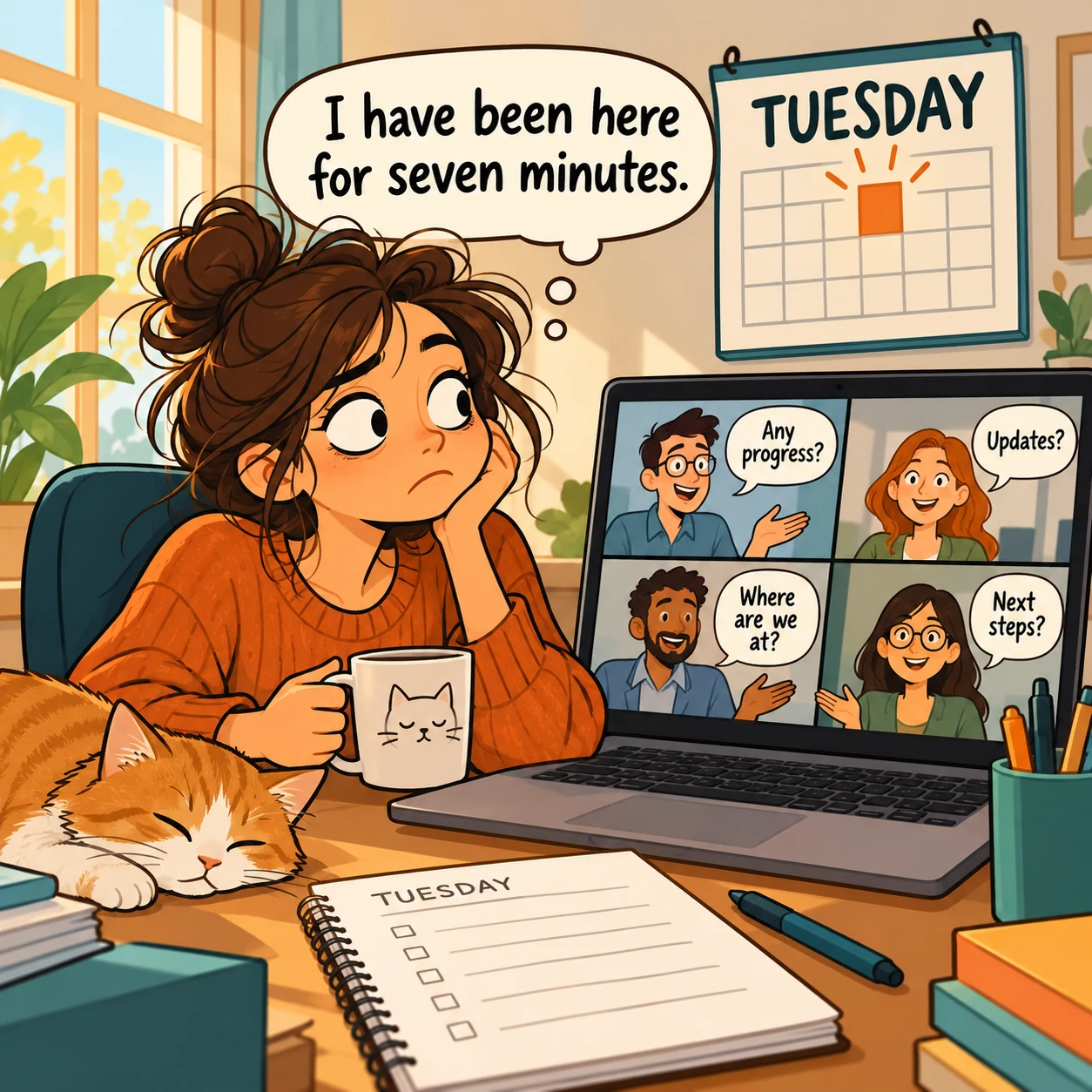 Illustrated worker in a Tuesday video meeting; meme reads, I have been here for seven minutes.