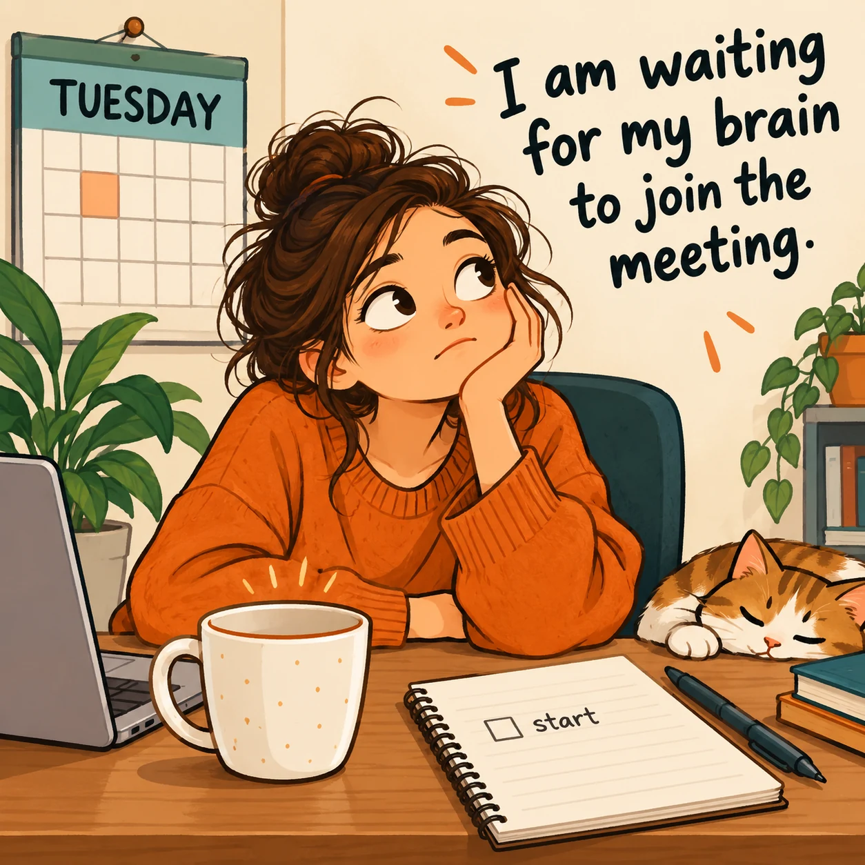 Illustrated worker waiting for a Tuesday morning brain to join the meeting beside a calendar and coffee.