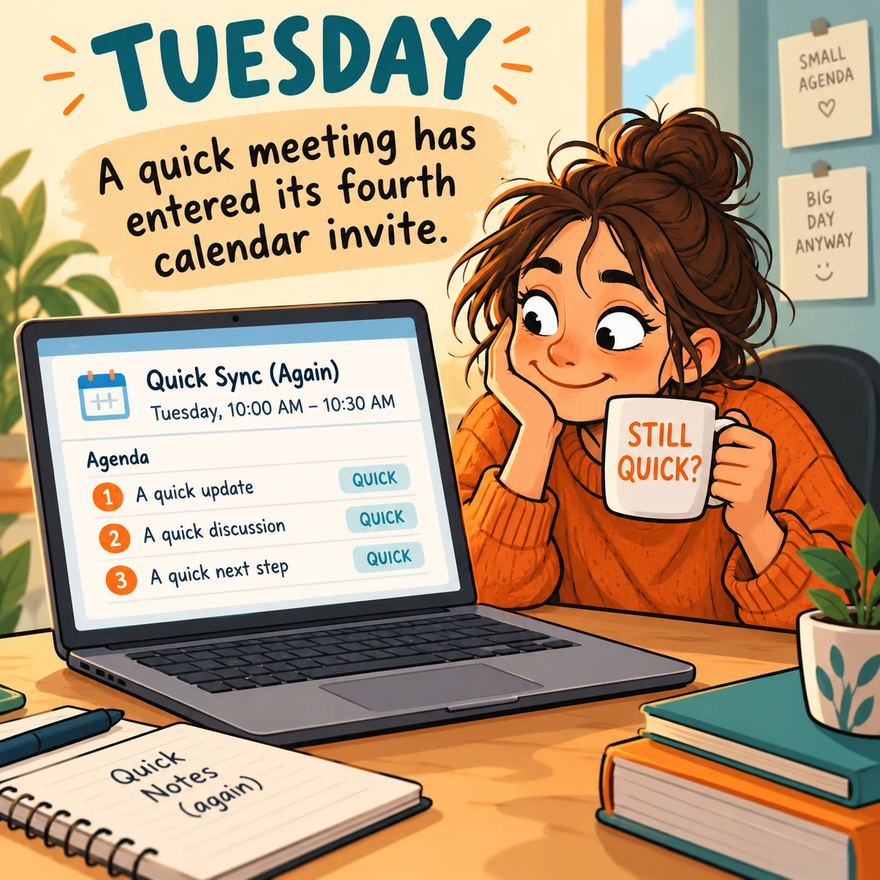 Illustrated worker holding a mug at a quick Tuesday meeting; meme says a quick meeting has entered its fourth calendar invite.
