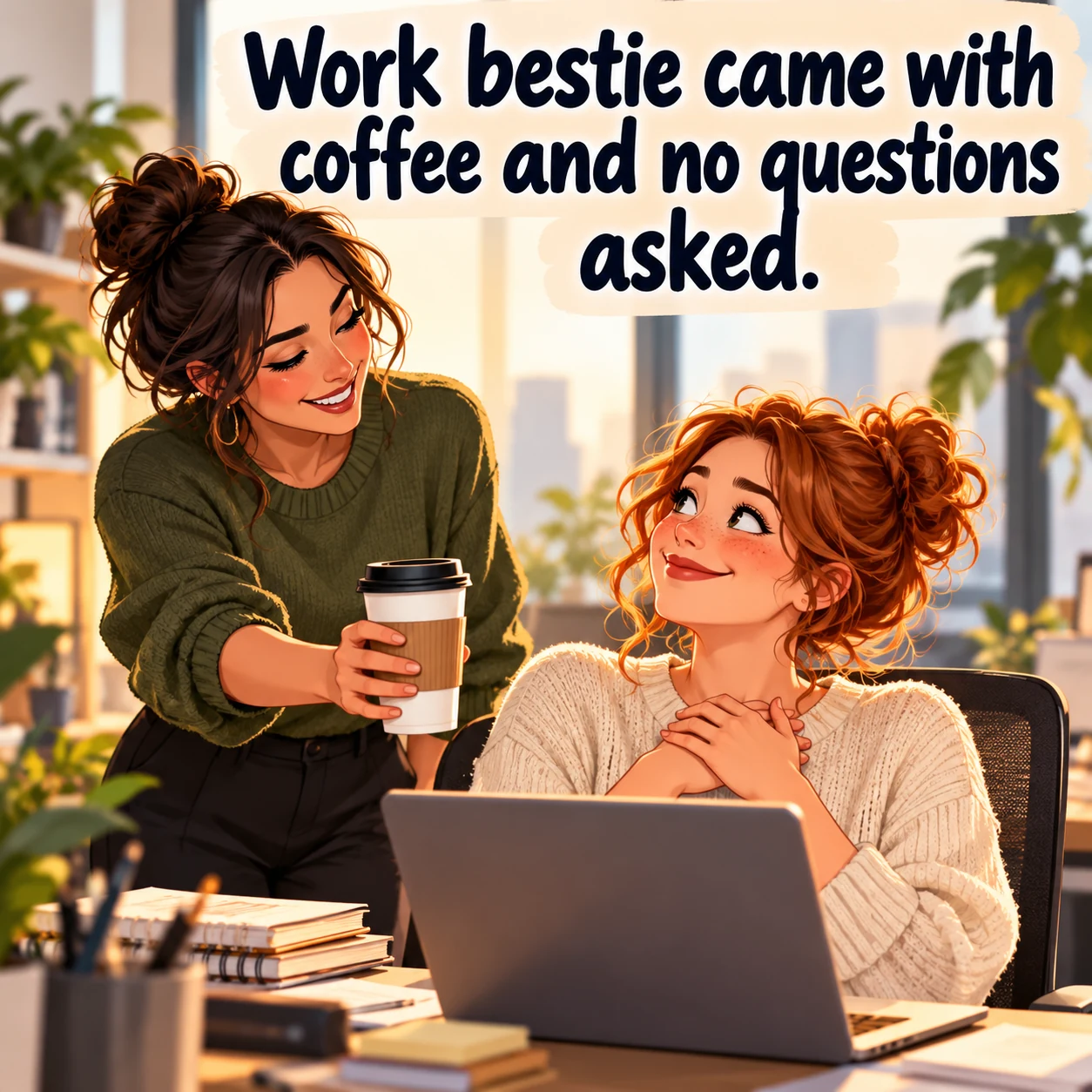 Two fictional coworkers share a coffee before a busy morning; headline reads, Work bestie came with coffee and no questions asked.