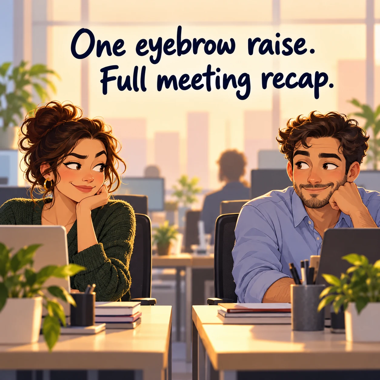Two fictional coworkers exchange a knowing glance after a meeting; headline reads, One eyebrow raise. Full meeting recap.