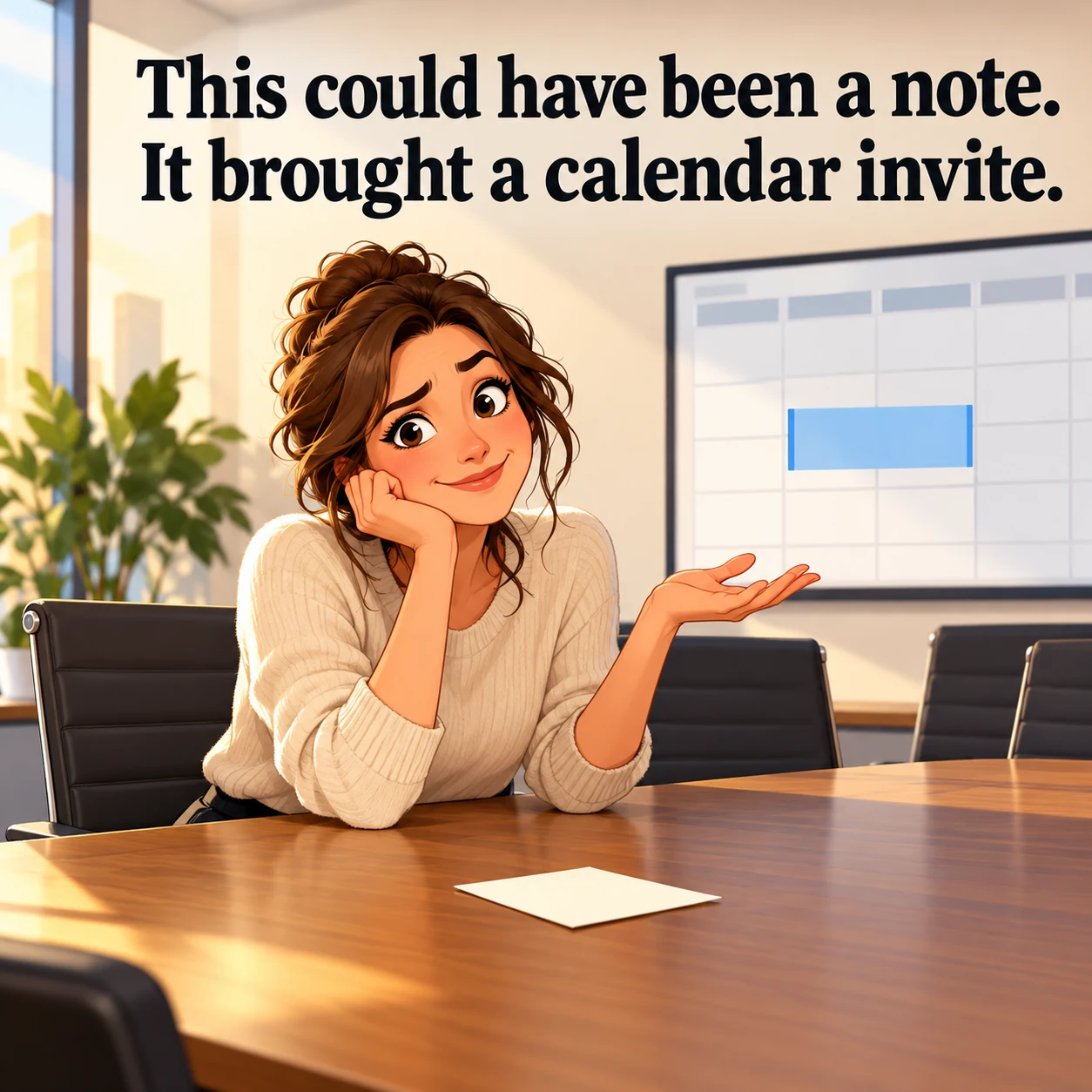 A fictional worker sits at a conference table with one blank note in front of them and a calendar on the wall; text reads, This could have been a note. It brought a calendar invite.