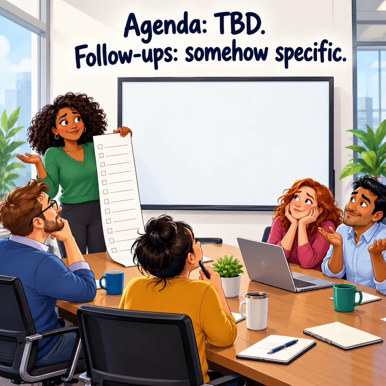 A fictional team looks at a completely blank meeting board while one person holds a long blank checklist; headline reads, Agenda: TBD. Follow-ups: somehow specific.