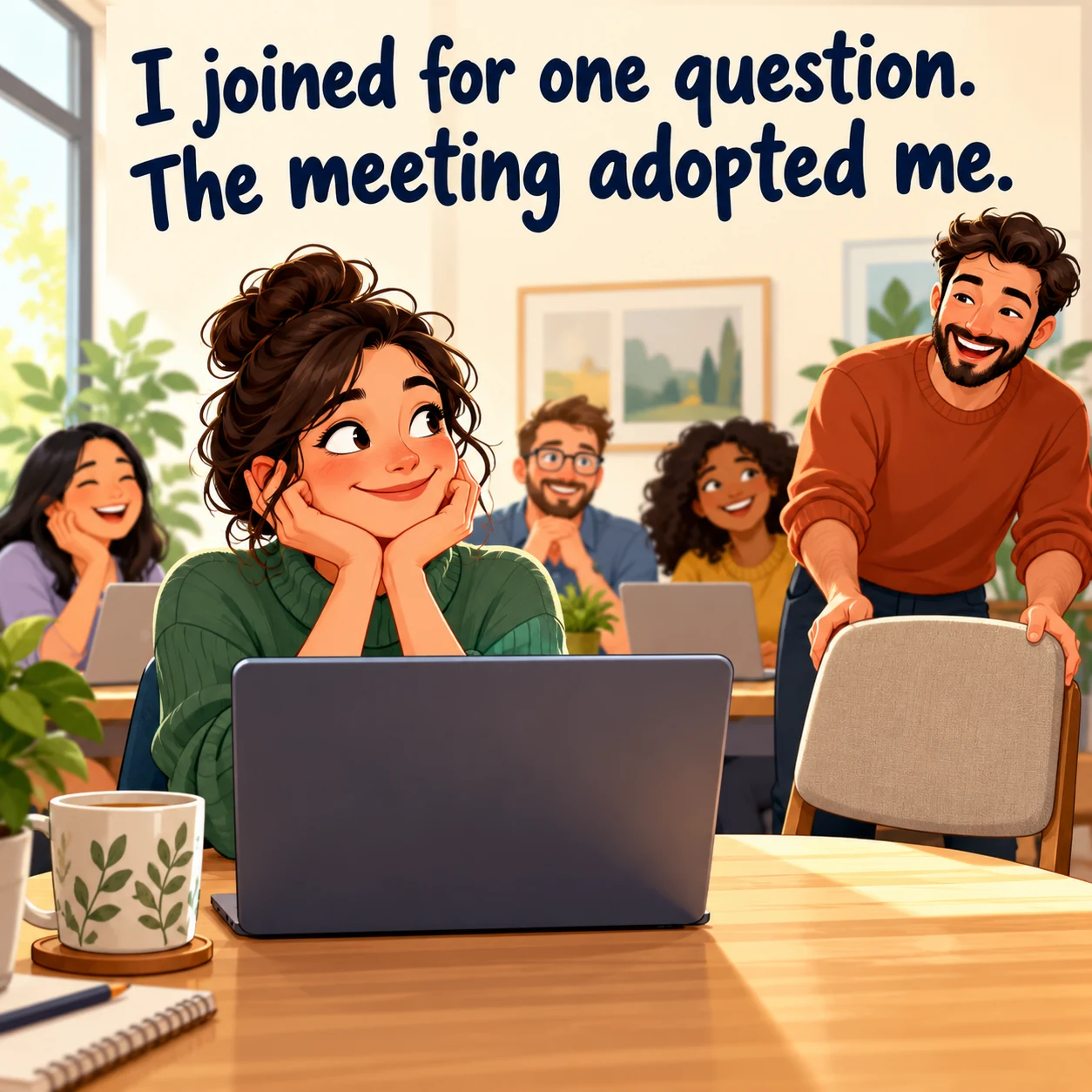 A fictional coworker pulls up a chair beside a worker at an in-person meeting; text reads, I joined for one question. The meeting adopted me.