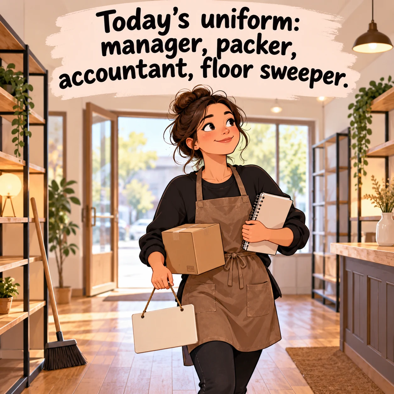 A fictional shop owner carries a blank sign, a small box and a notebook through an empty storefront; headline reads, Today’s uniform: manager, packer, accountant, floor sweeper.