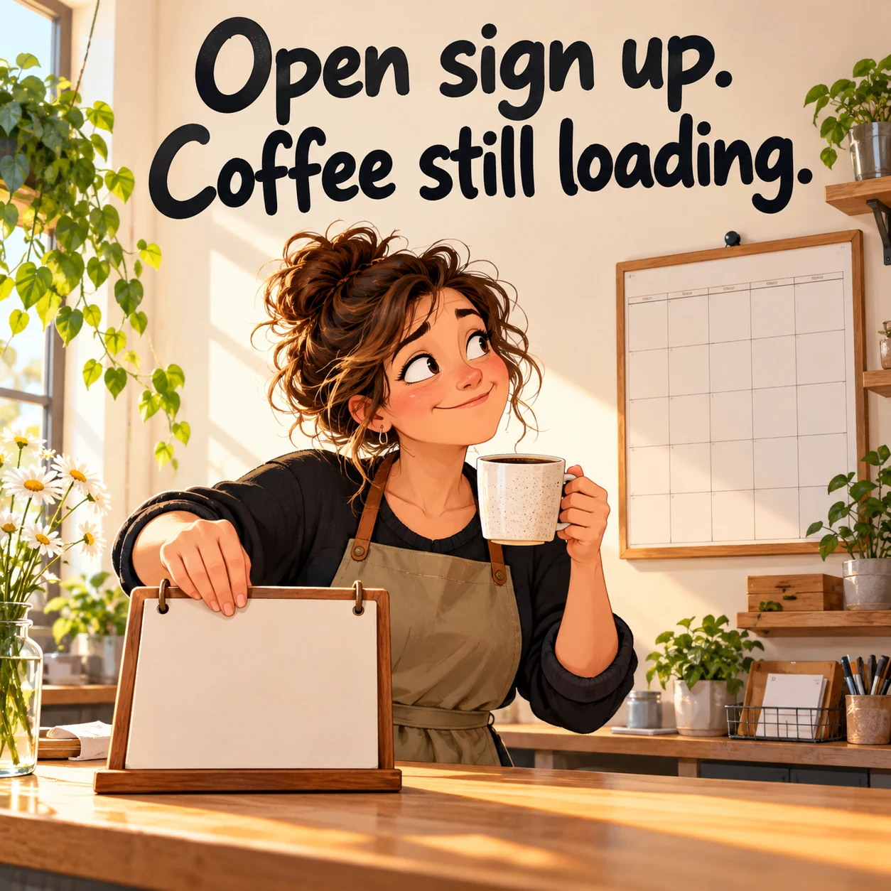 A fictional shop owner holds a coffee cup and rests a hand on a countertop sign beside a wall calendar; headline reads, Open sign up. Coffee still loading.