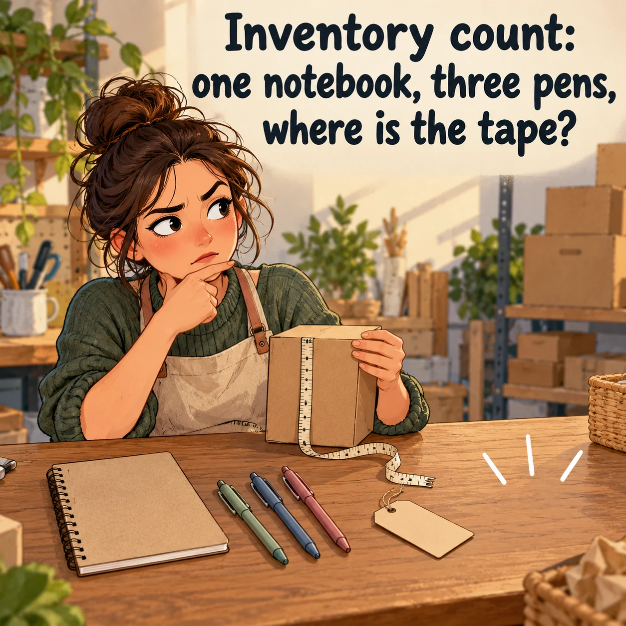 A fictional shop owner pauses over a box and measuring tape beside a notebook, three pens and a tag; headline reads, Inventory count: one notebook, three pens, where is the tape?