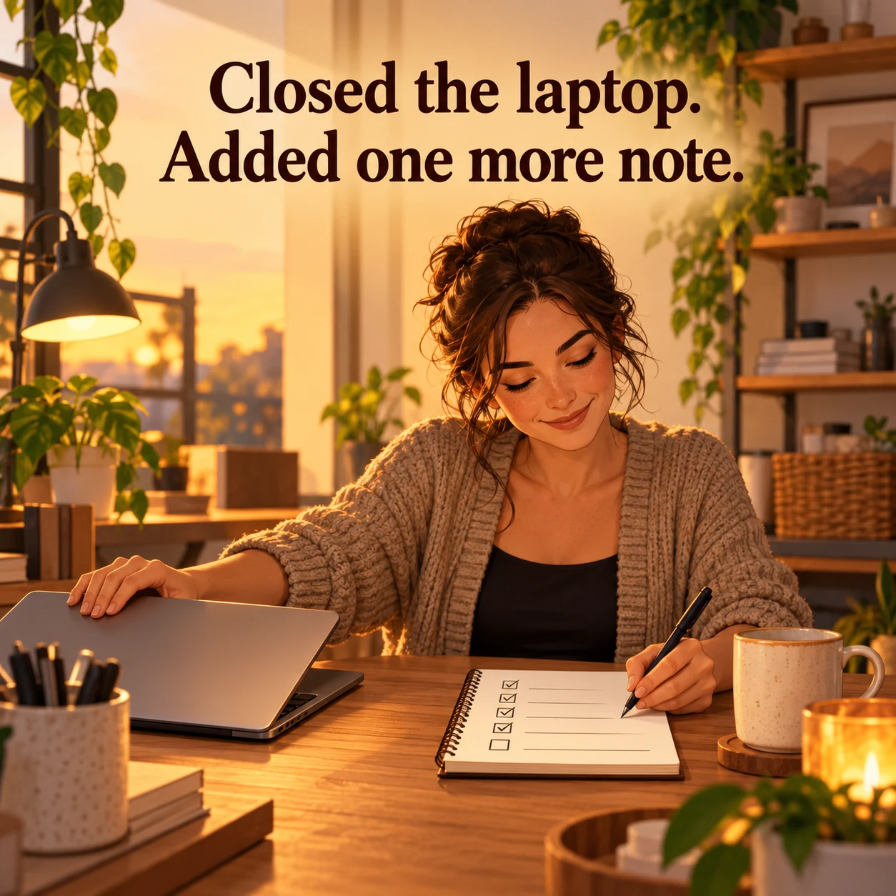 A fictional owner closes a laptop at a tidy shop counter while adding one small note to an otherwise checked blank to-do list; headline reads, Closed the laptop. Added one more note.