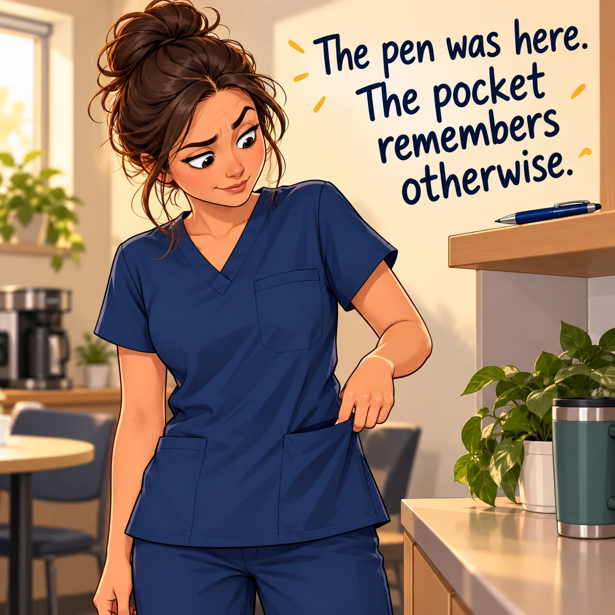 Fictional nurse in plain scrubs checks an empty pocket while a pen sits nearby; image jokes about the missing pen.