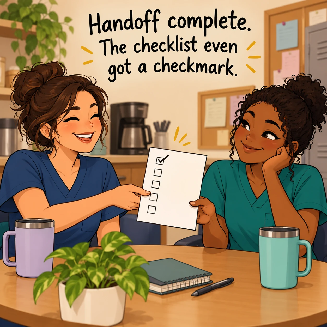 Two fictional nurses share a blank checklist with one box checked in a staff room; no patient details are shown.