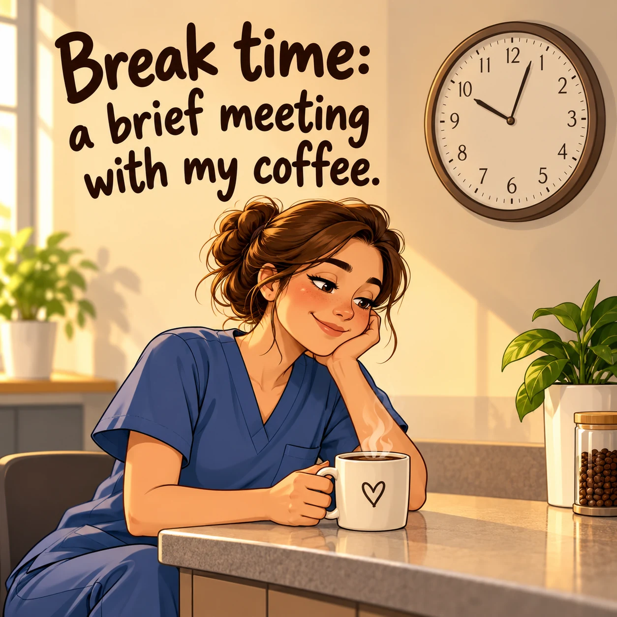 Fictional nurse in a staff break room enjoys coffee beside a wall clock; image calls it a brief meeting with coffee.