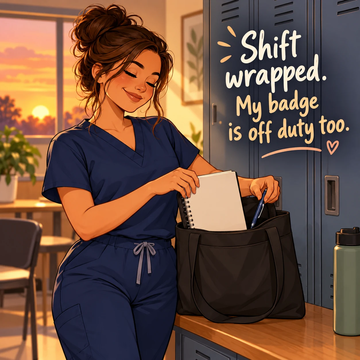 Fictional nurse packs a blank notebook at the end of a shift beside staff lockers; image says the badge is off duty.