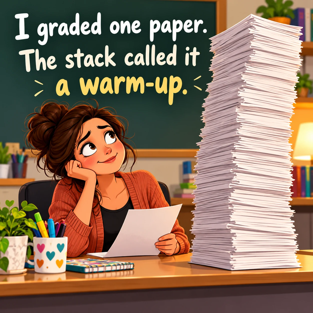 Fictional teacher beside a tall stack of blank worksheets; image text says one graded paper was only a warm-up.