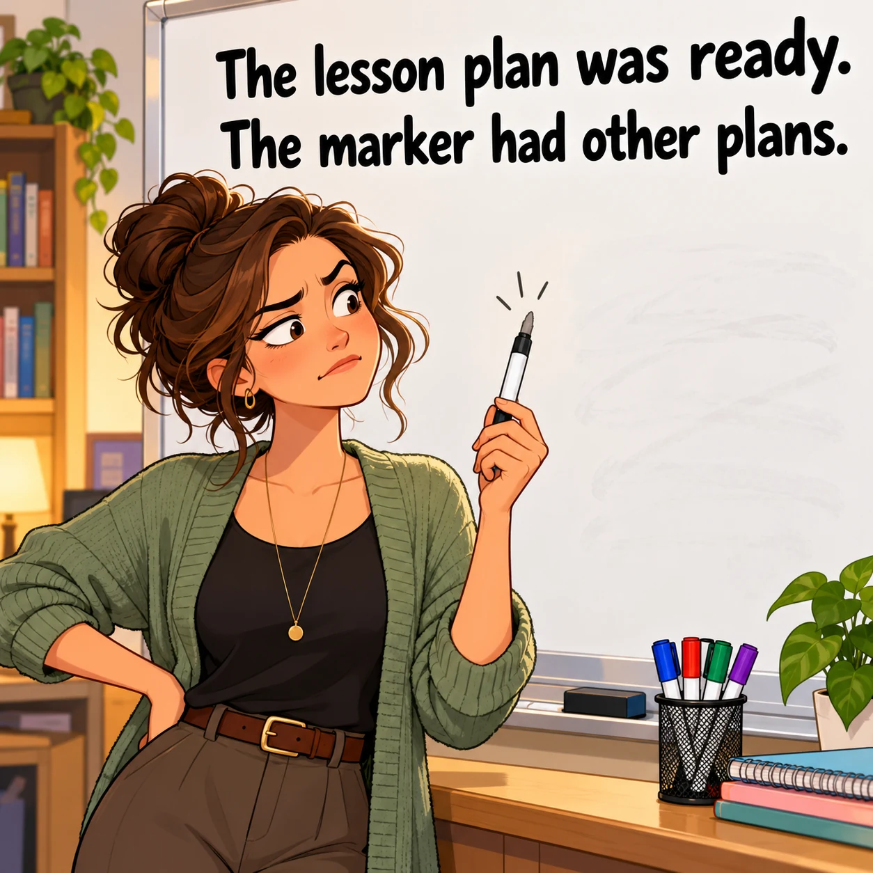 Fictional teacher holds a dry marker at a whiteboard with spare markers nearby; image jokes that the marker had other plans.