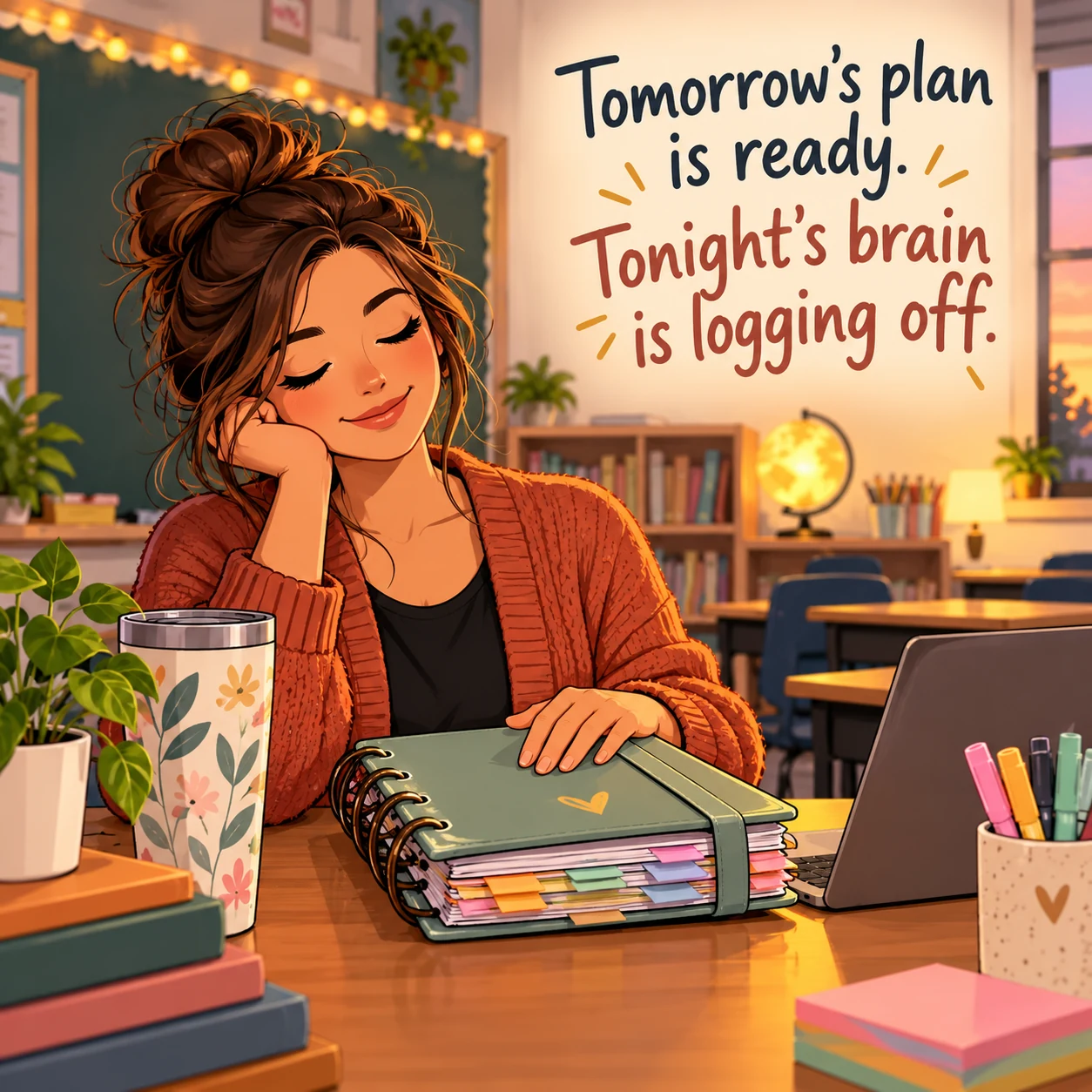 Fictional teacher closes a planner at a warmly lit classroom desk; image says tonight’s brain is logging off.