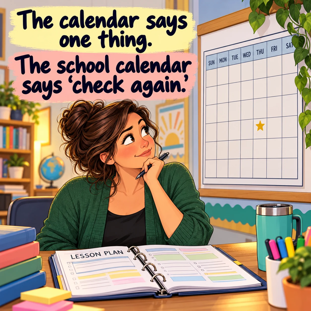Fictional teacher checks a classroom calendar beside an open lesson planner; image jokes to check the school calendar again.