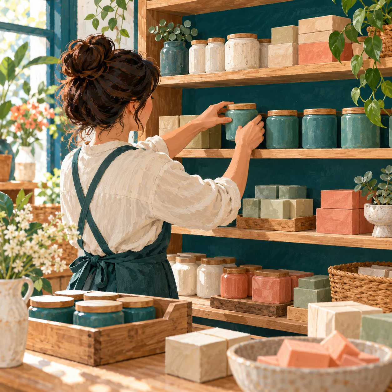 Fictional shop owner places unbranded jars back on a wooden display shelf in daylight.