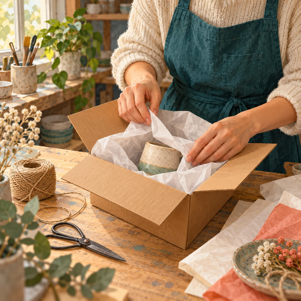 Close view of a fictional shop owner wrapping an unbranded product with tissue at a workbench; no carrier or label is visible.
