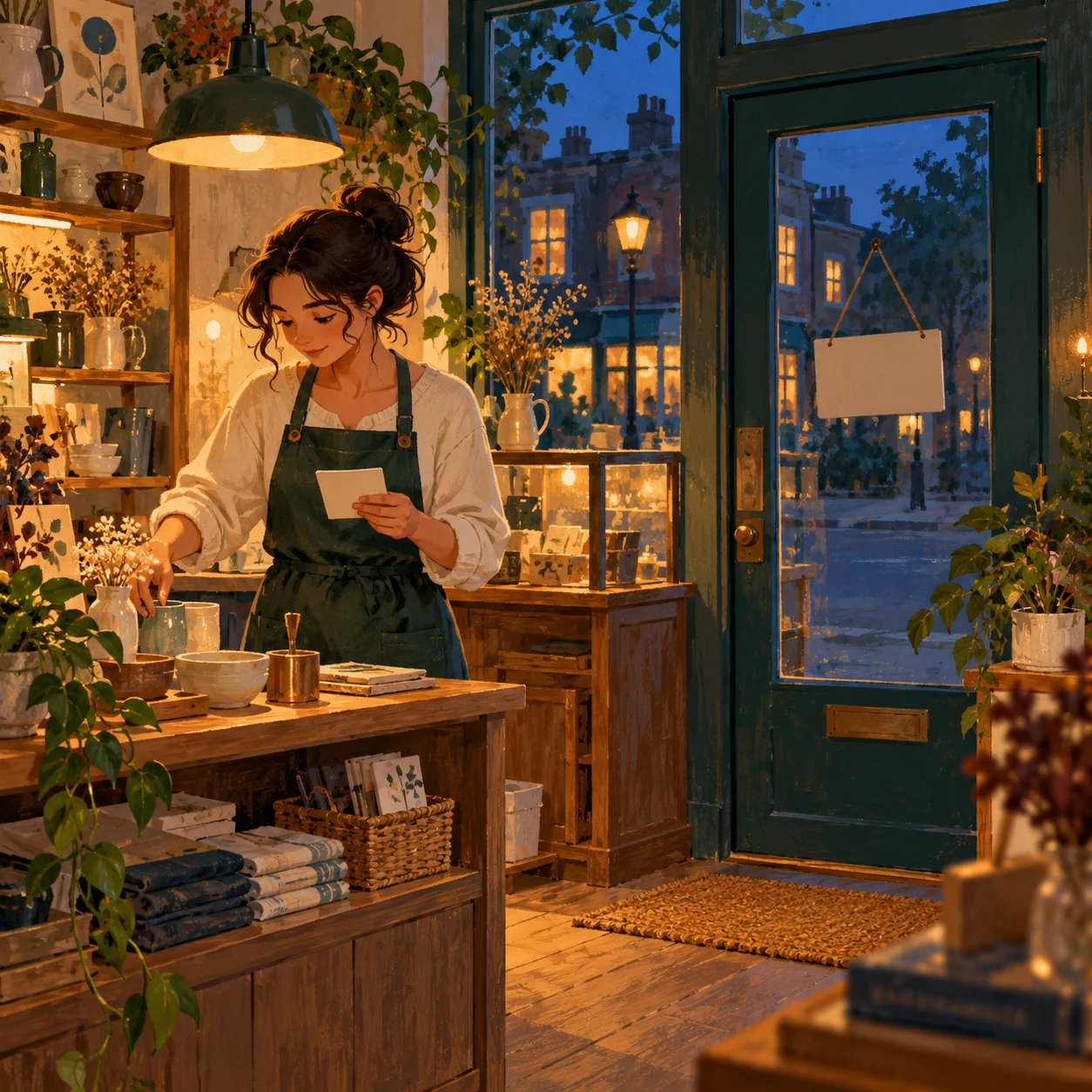 Fictional shop owner tidies a display at dusk under warm interior lights; the blank sign is turned away.