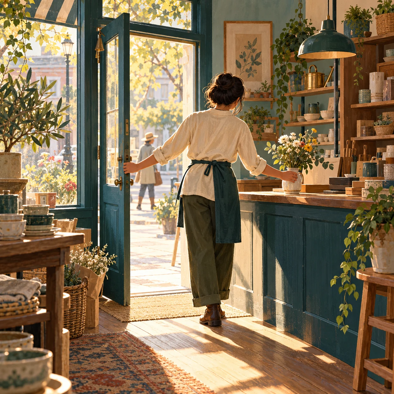 Fictional independent shop owner unlocks the front door in early morning light, with a passerby outside; no readable signage.