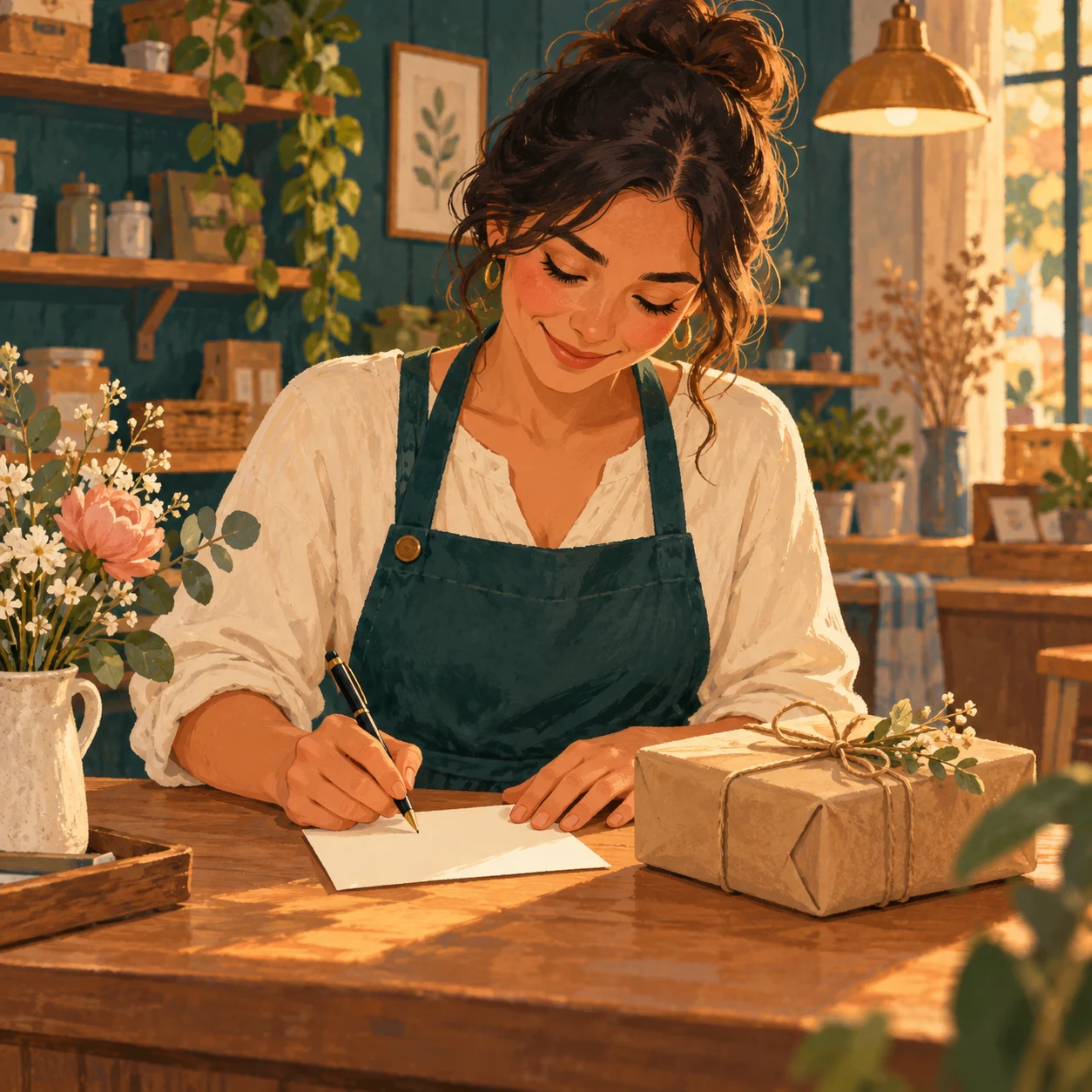 Fictional shop owner writes on a blank card beside a neatly wrapped unbranded product.