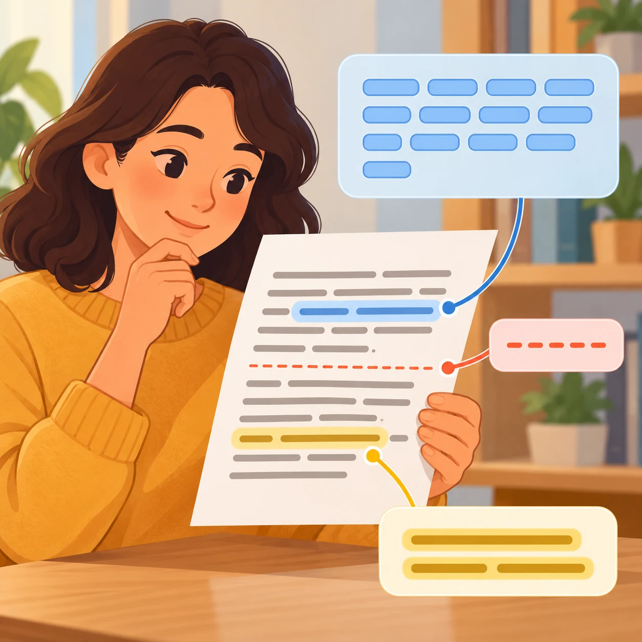 A reader checks a sample paragraph with visual word-count tokens and highlights for a long line and word.