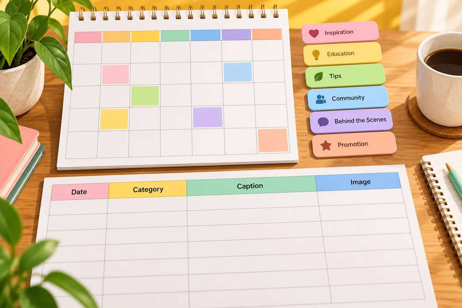 A paper calendar with selected weekdays and category chips sits above a CSV-style table with date, category, caption and image columns.