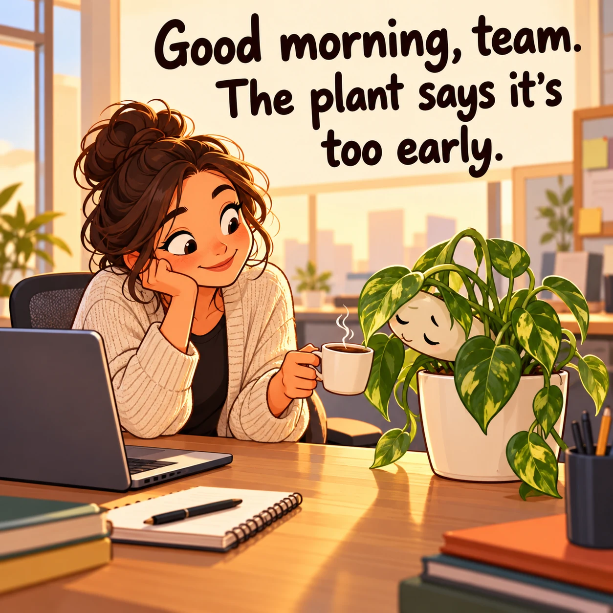 A worker offers coffee to a sleepy desk plant at sunrise; text reads “Good morning, team. The plant says it’s too early.”