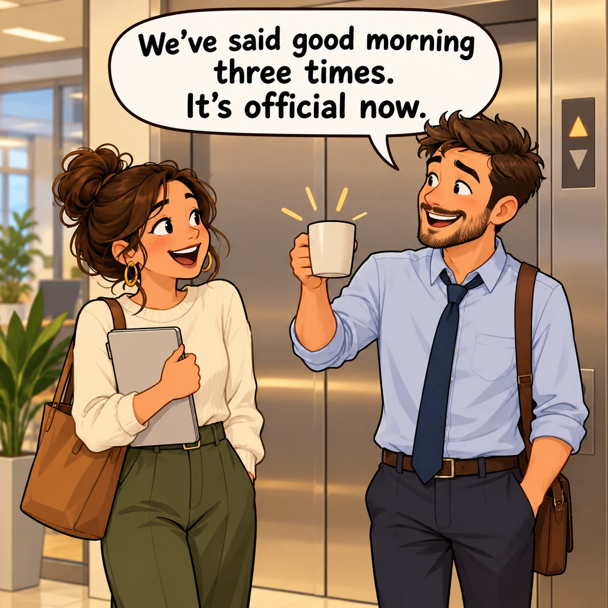 Two coworkers greet each other again by an elevator; text reads “We’ve said good morning three times. It’s official now.”