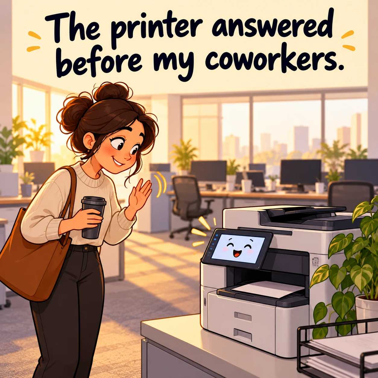 A worker waves to a smiling office printer before coworkers arrive; text reads “The printer answered before my coworkers.”