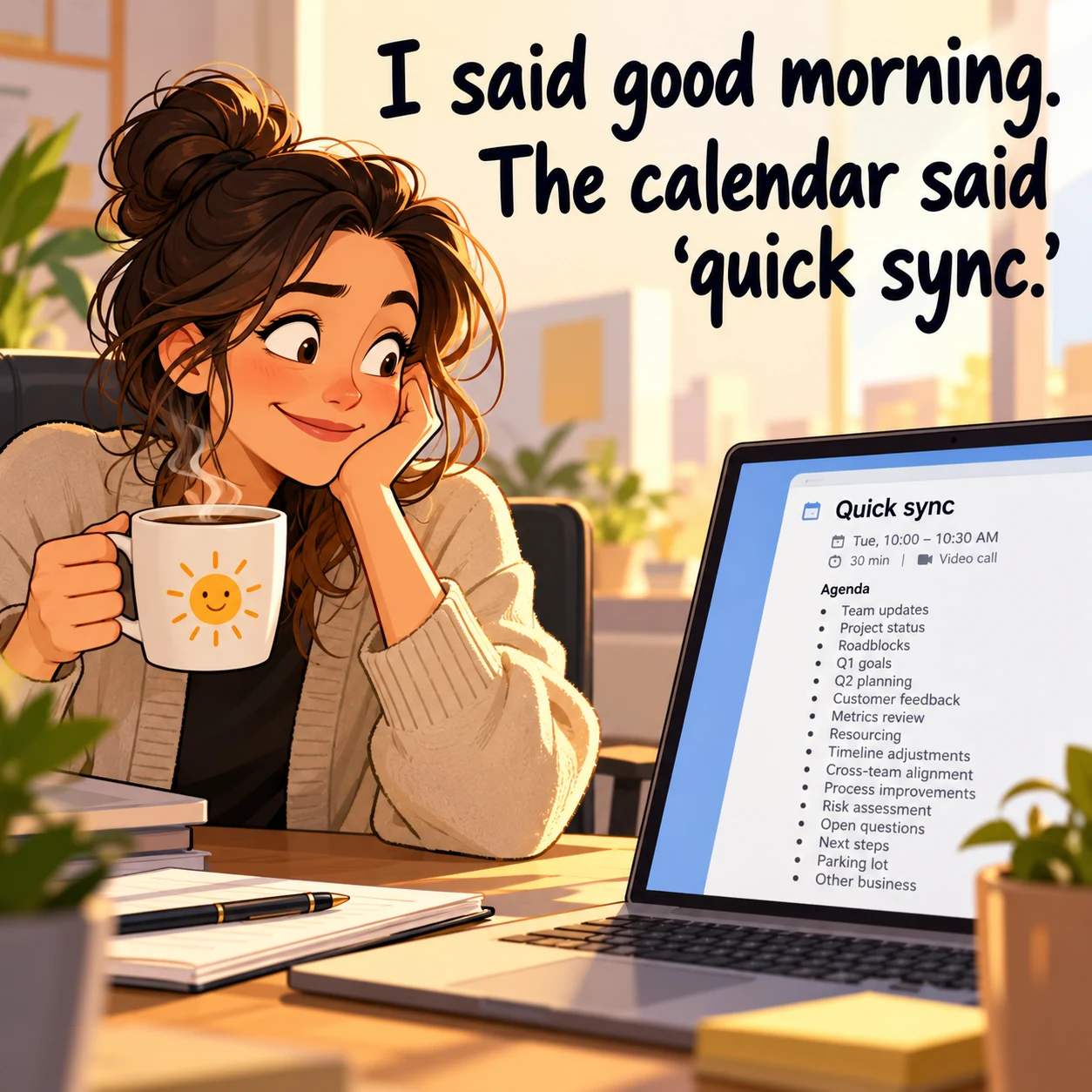 A worker with a coffee mug sees a quick-sync invite with a long agenda; text reads “I said good morning. The calendar said ‘quick sync.’”