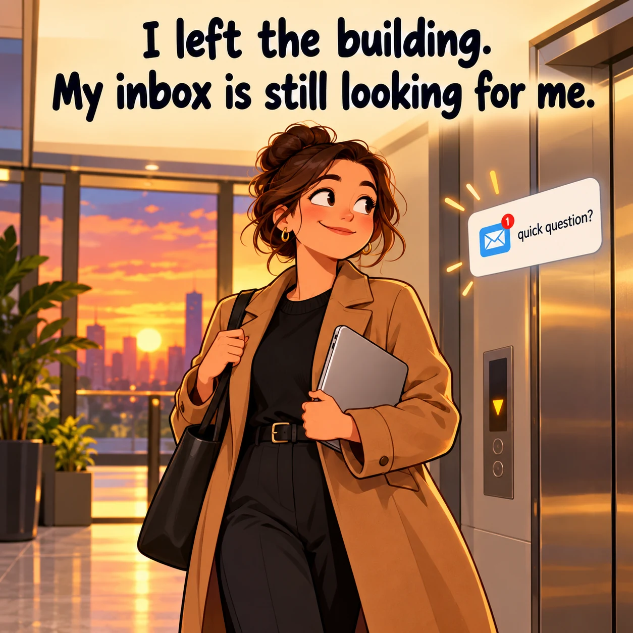 A worker in a coat heads to the elevator with a closed laptop as an inbox notification appears; text reads “I left the building. My inbox is still looking for me.”
