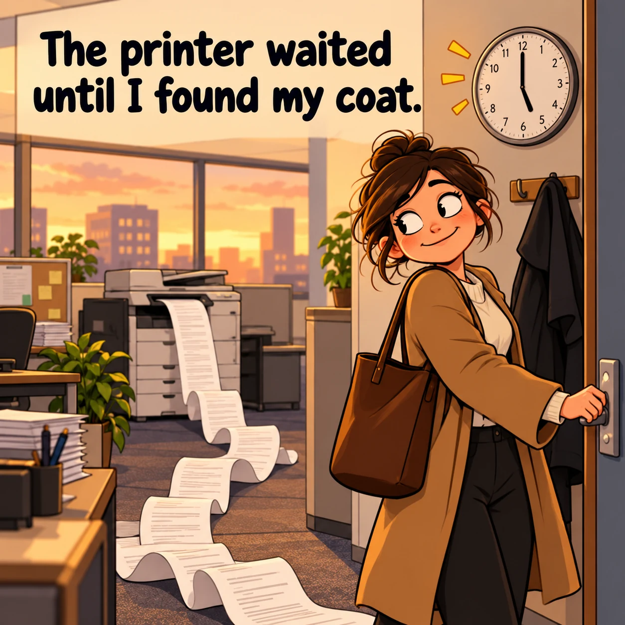A long printer page unfurls as a worker reaches the office exit; text reads “The printer waited until I found my coat.”