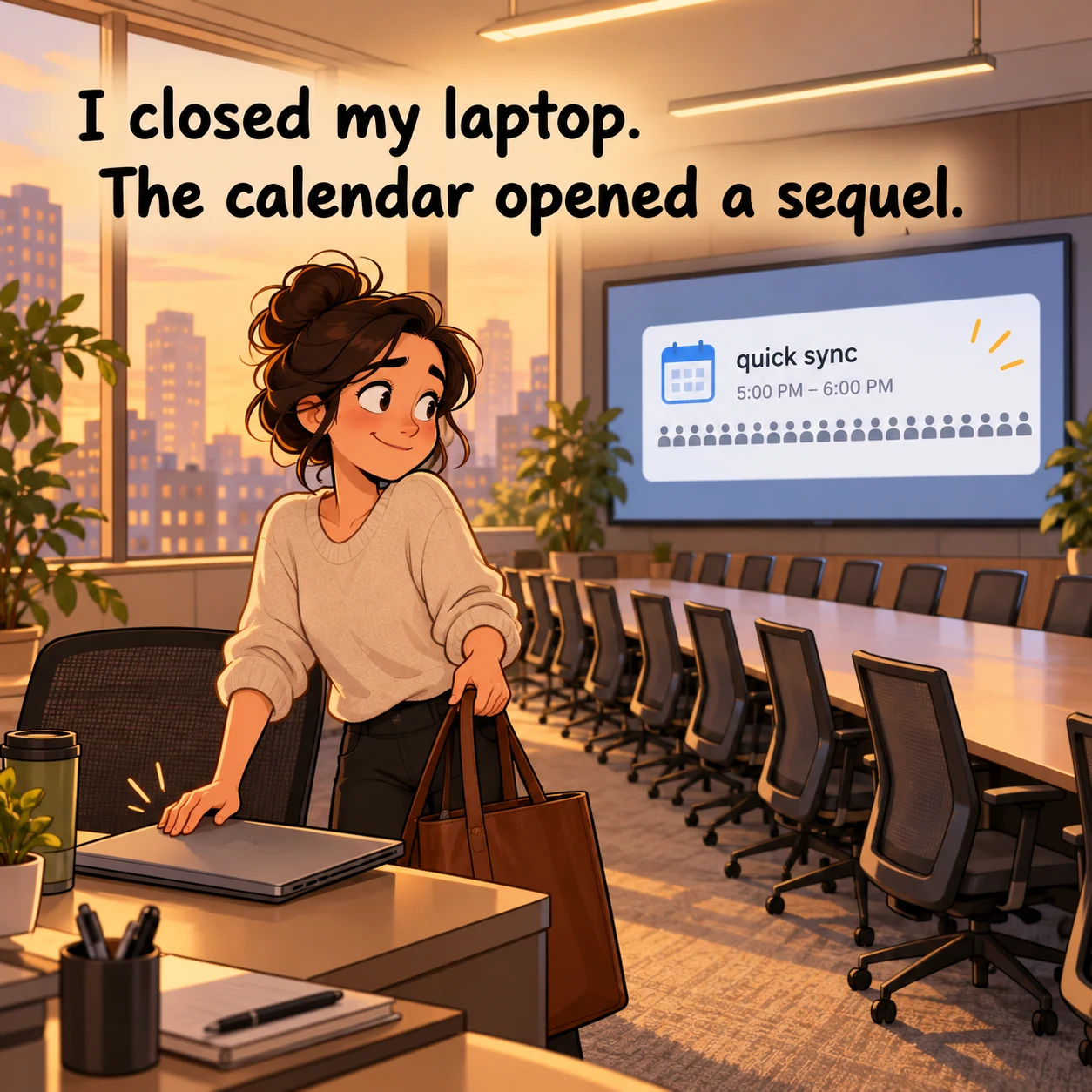 A worker closes a laptop while a quick-sync invite appears on a display; text reads “I closed my laptop. The calendar opened a sequel.”