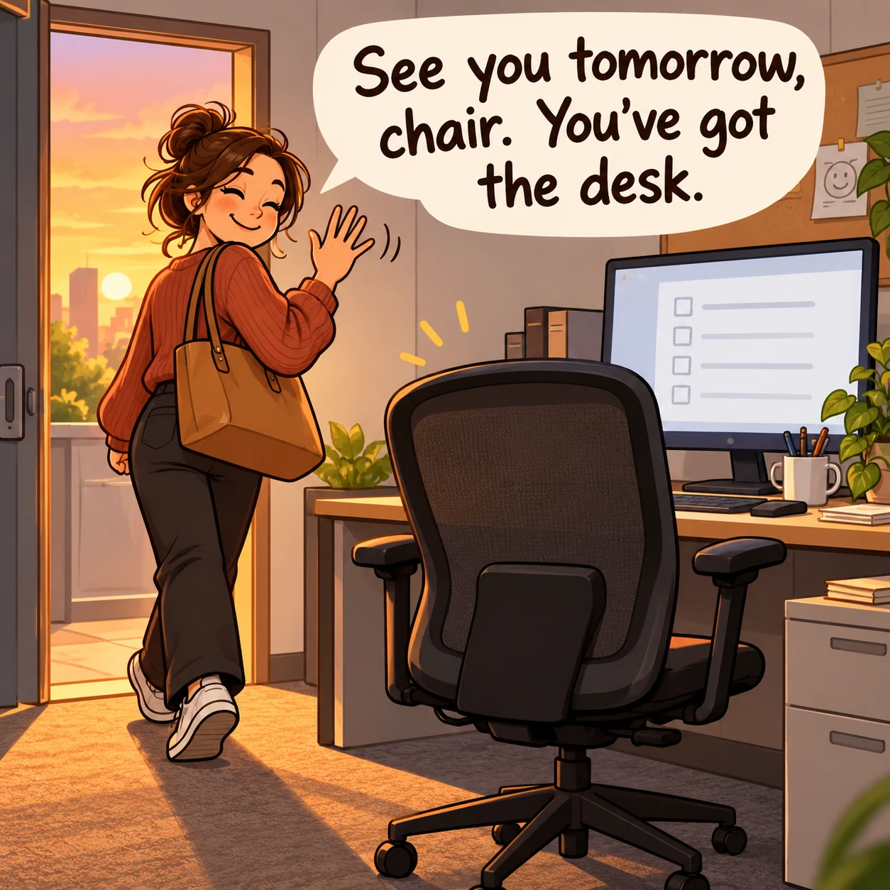 A worker waves to an empty office chair while heading out with a bag; text reads “See you tomorrow, chair. You’ve got the desk.”