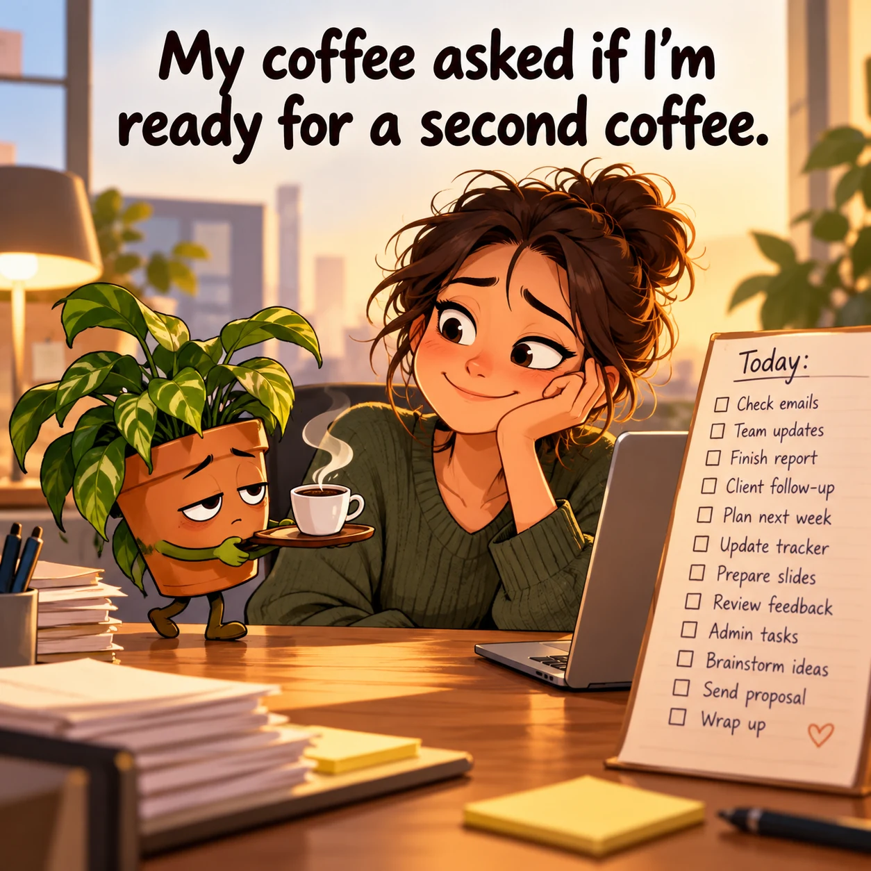 A sleepy-looking desk plant leans toward a tiny coffee cup beside a worker; text reads “My coffee asked if I’m ready for a second coffee.”