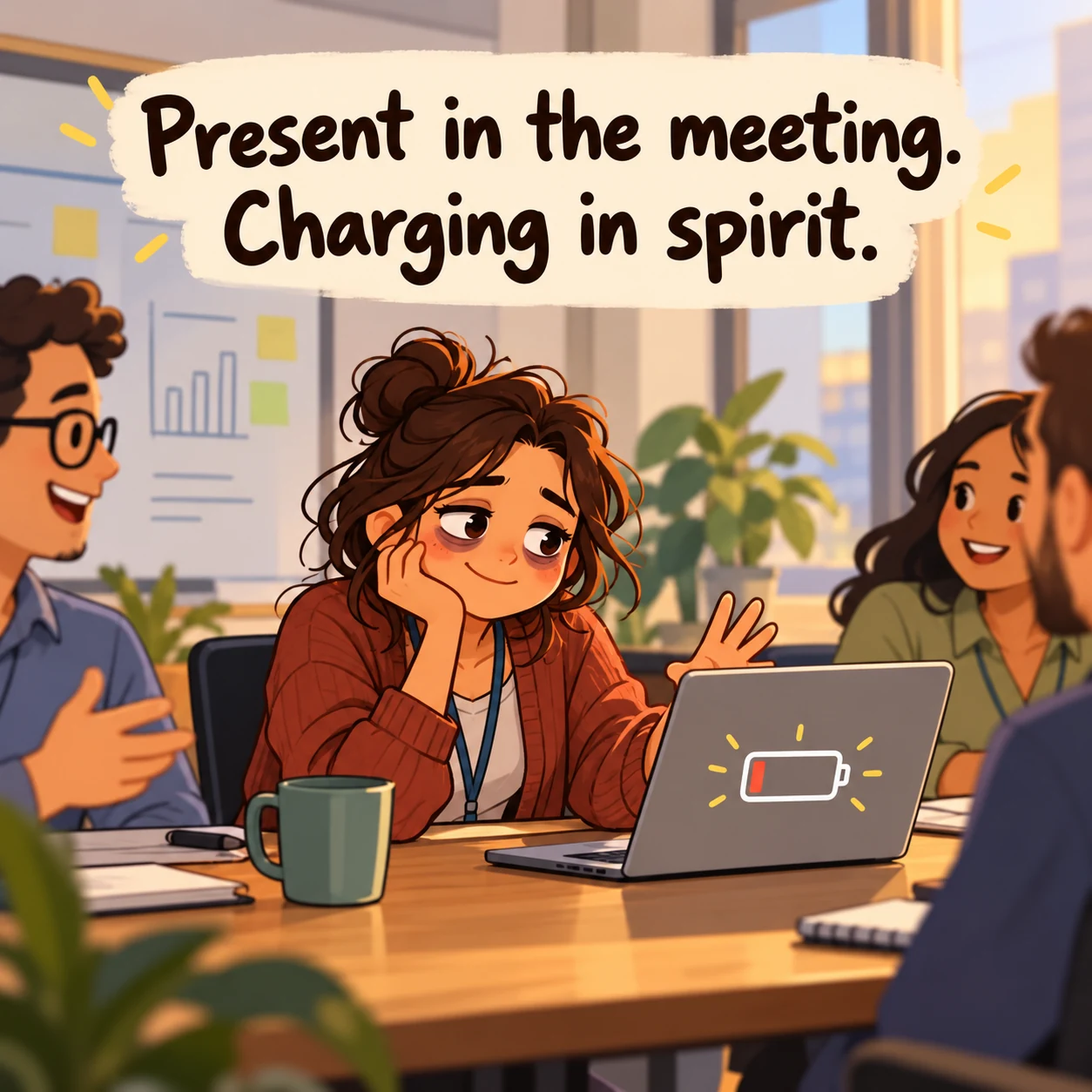 A worker in a meeting looks toward a laptop with a one-bar battery icon; text reads “Present in the meeting. Charging in spirit.”