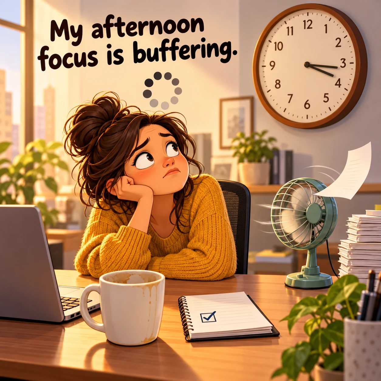 A worker looks at the clock beside an empty mug and a desk fan; text reads “My afternoon focus is buffering.”