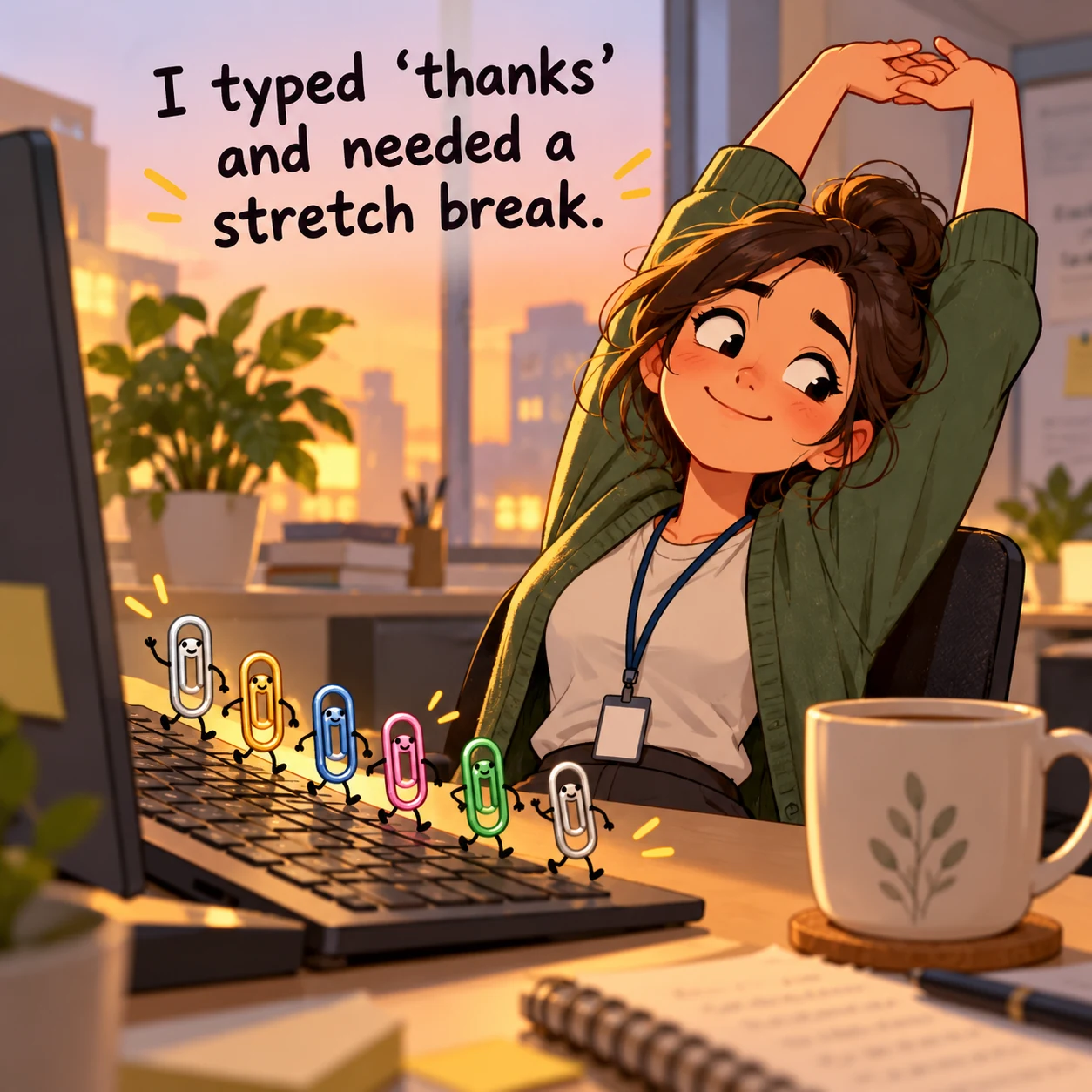 Paperclips form a tiny parade across a worker’s keyboard; text reads “I typed ‘thanks’ and needed a stretch break.”