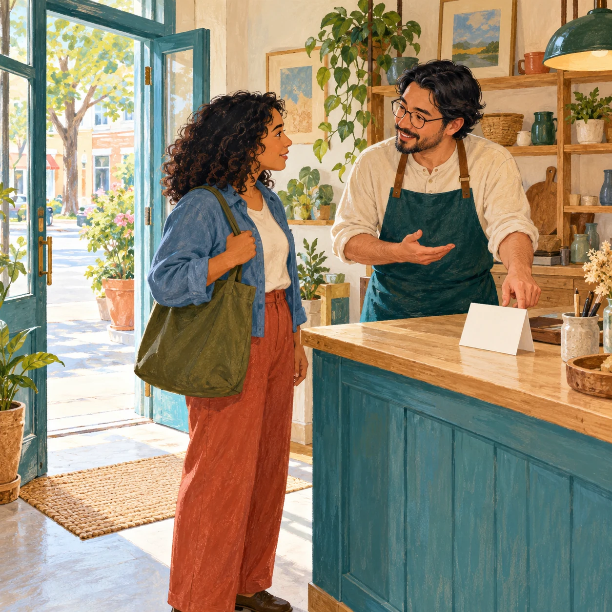 A shopkeeper speaks with a visitor and gestures toward an information card on the counter beside an open doorway.