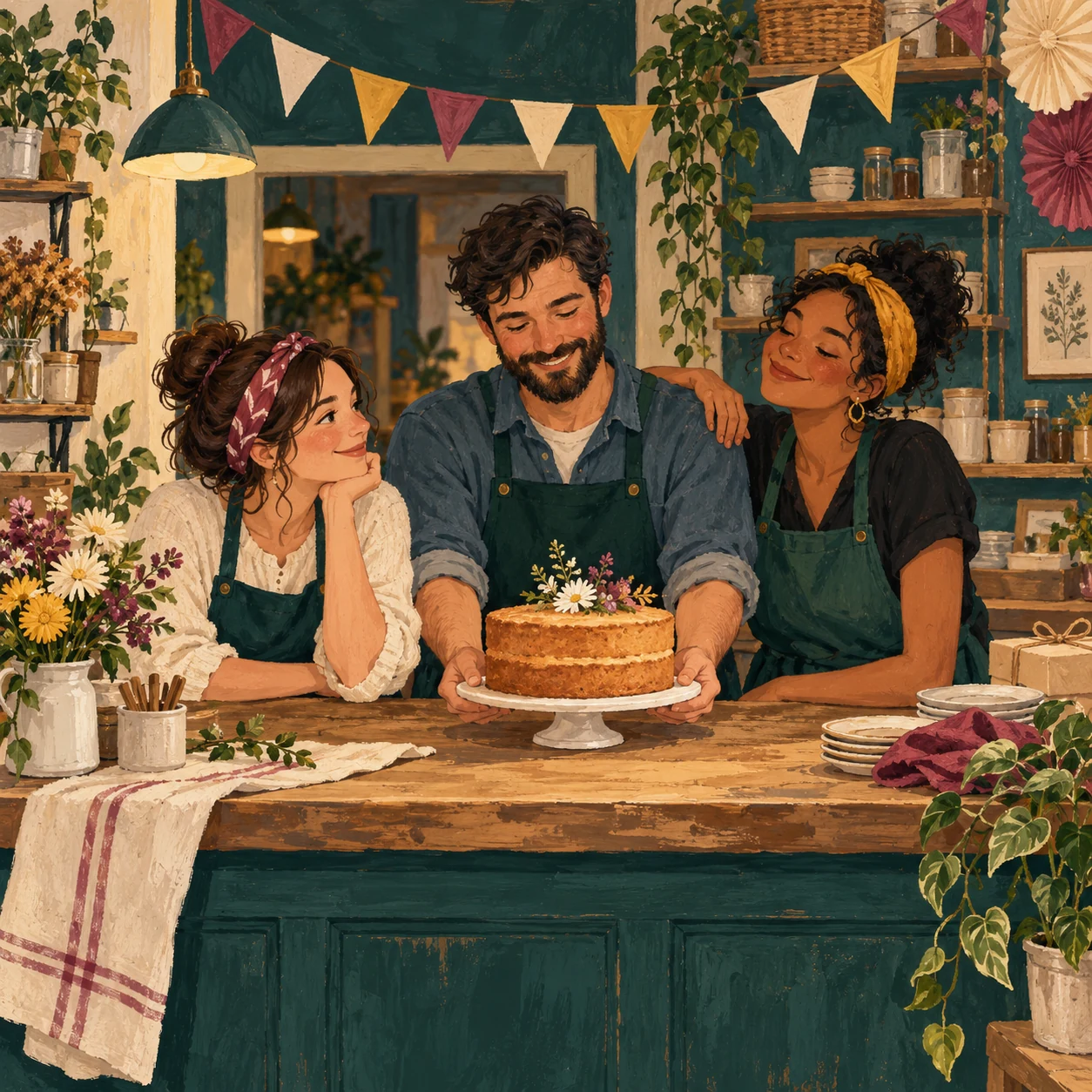 Three shop coworkers gather around a flower-topped cake beneath colorful bunting.