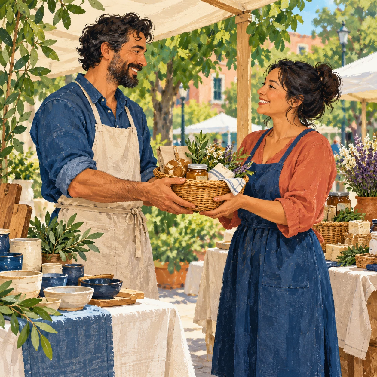 Two makers hold a basket of jars and wrapped goods together between pottery and food displays at an outdoor market.