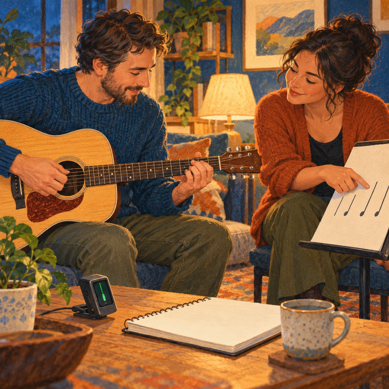 A guitarist practices as a teacher points to rhythm notes on a stand in a warmly lit lesson room.