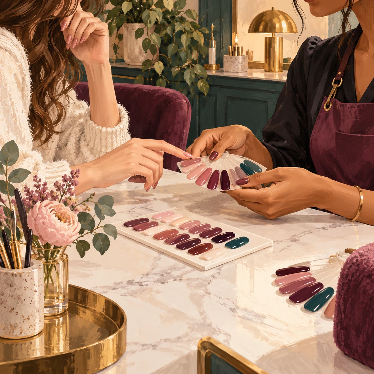 A nail artist and client compare rose, plum and teal nail-color swatches at a manicure table.