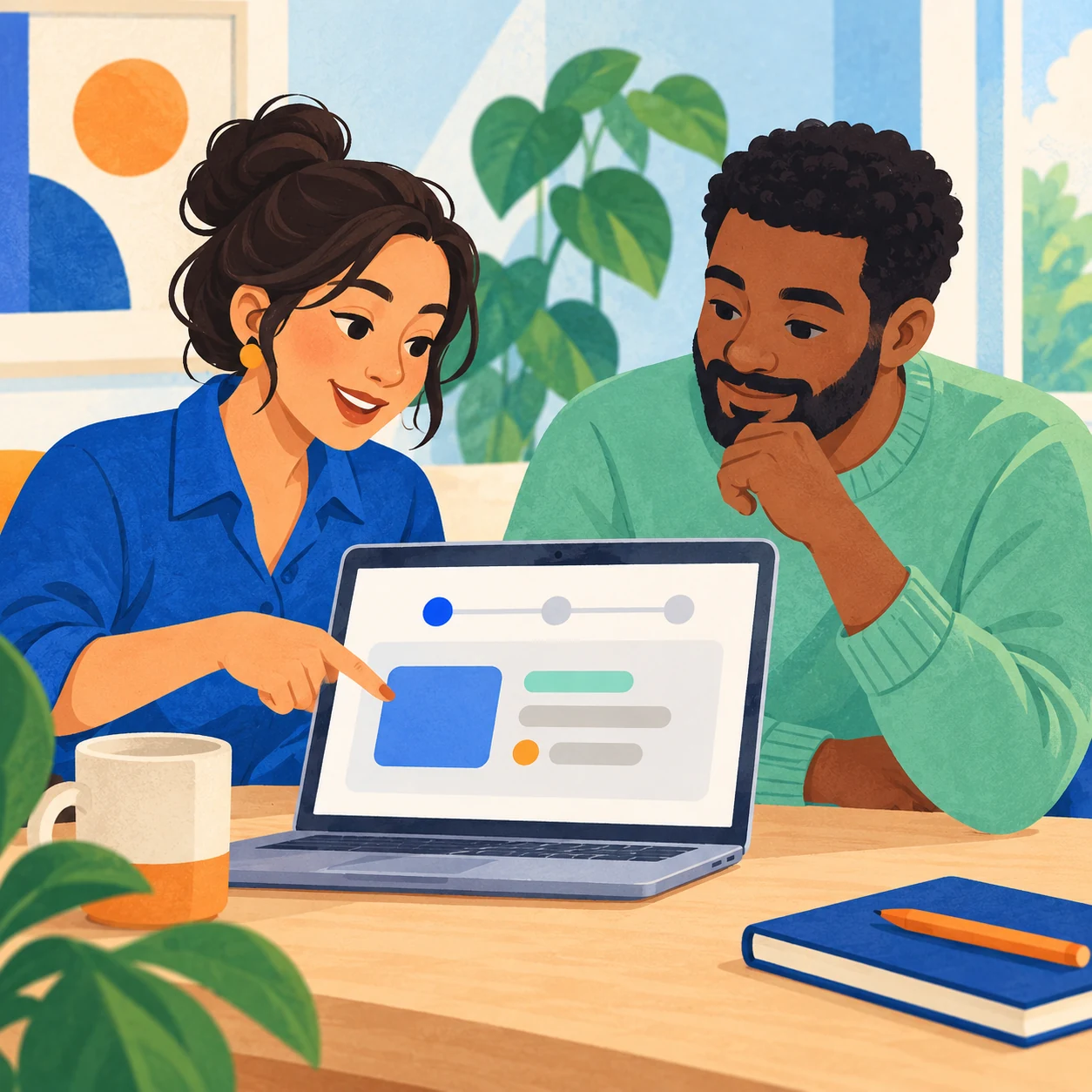 Two adults review a laptop showing a simple three-step onboarding layout as one points to the first panel.
